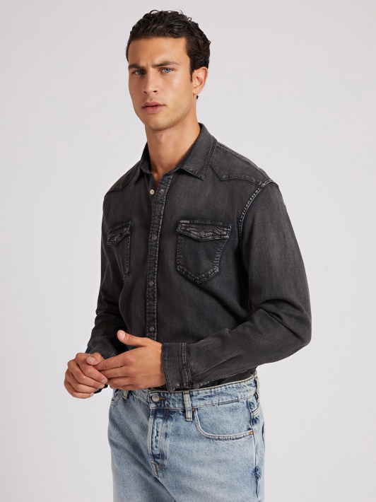 Juodi Slim Fit Džinsiniai Marškiniai Spėjimas