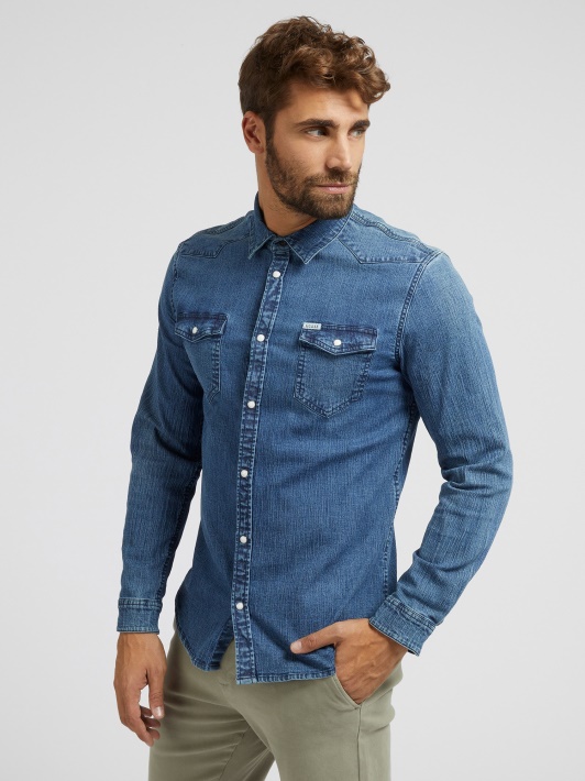 Mėlyni Guess Slim Fit Džinsiniai Marškinėliai