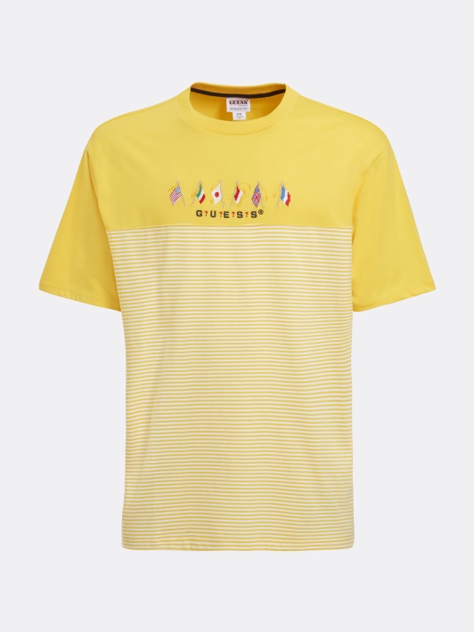 Marškinėliai Su Kelių Geltonos Spalvos Atspėjimo Vėliavėlės Logotipu