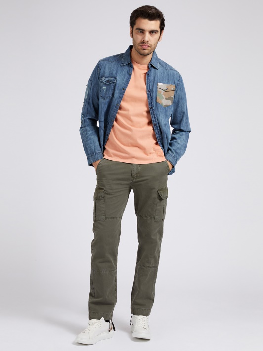 Mėlyni Guess Slim Fit Džinsiniai Marškiniai Nubrozdinti