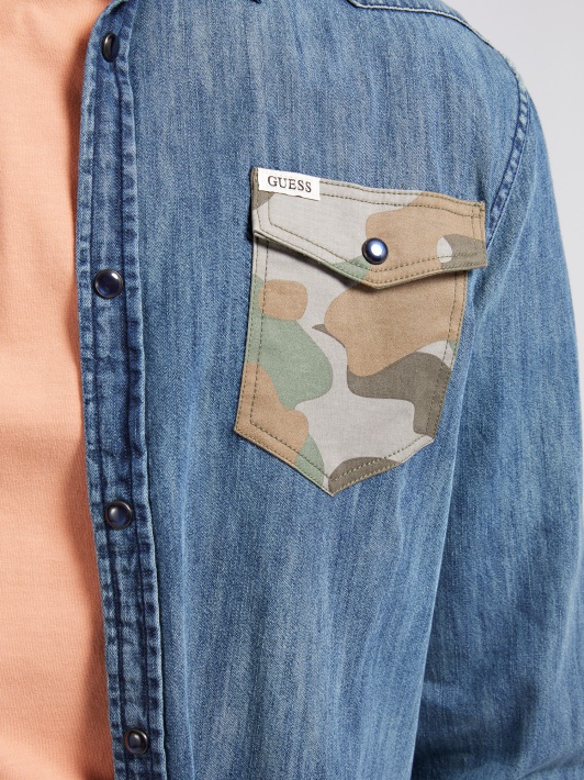 Mėlyni Guess Slim Fit Džinsiniai Marškiniai Nubrozdinti