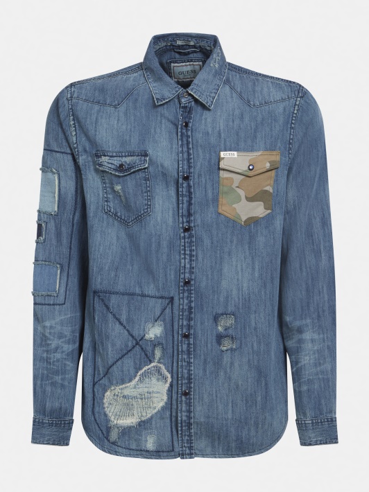 Mėlyni Guess Slim Fit Džinsiniai Marškiniai Nubrozdinti