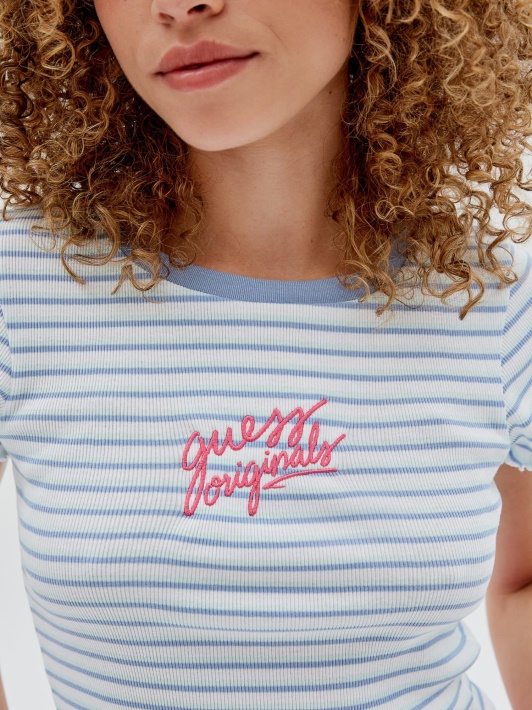 Atspėti Priekinį Logotipą Dryžuoti Crop Marškinėliai Mėlyni