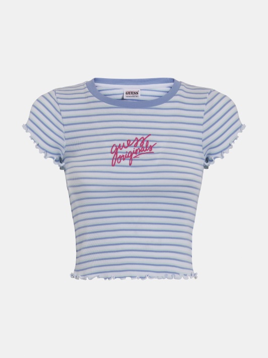 Atspėti Priekinį Logotipą Dryžuoti Crop Marškinėliai Mėlyni