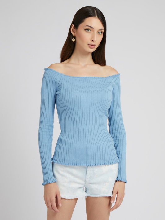 šviesiai Mėlynas Atspėti Off-shoulder Megztinis