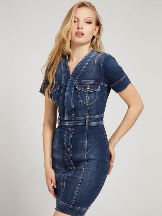 Mėlynos Sagos Bodycon Džinsinės Suknelės Spėjimas