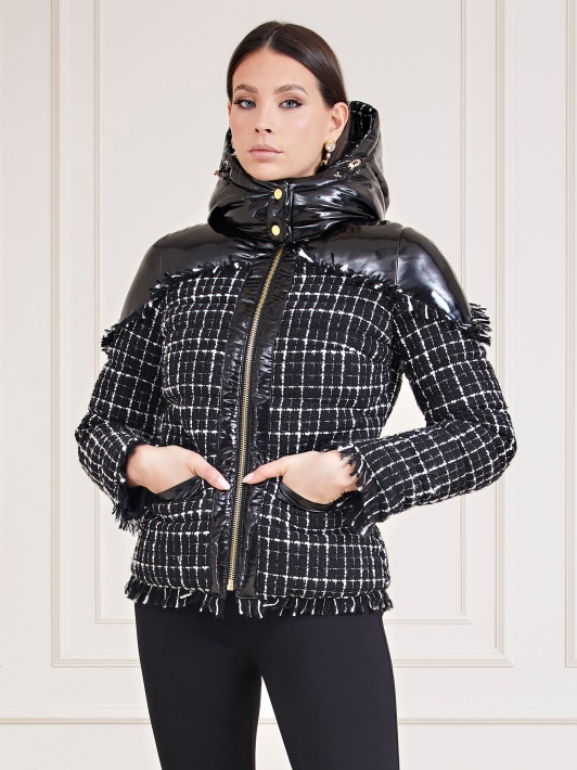 Marciano Tweed Puffer Striukė Juoda Multi Spėjimas
