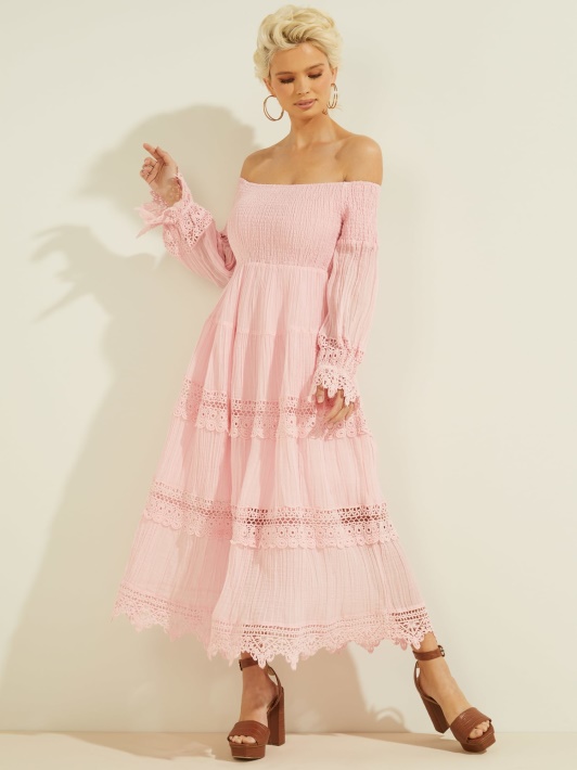 šviesiai Rožinė Guess Makramė Suknelė Be Pečių