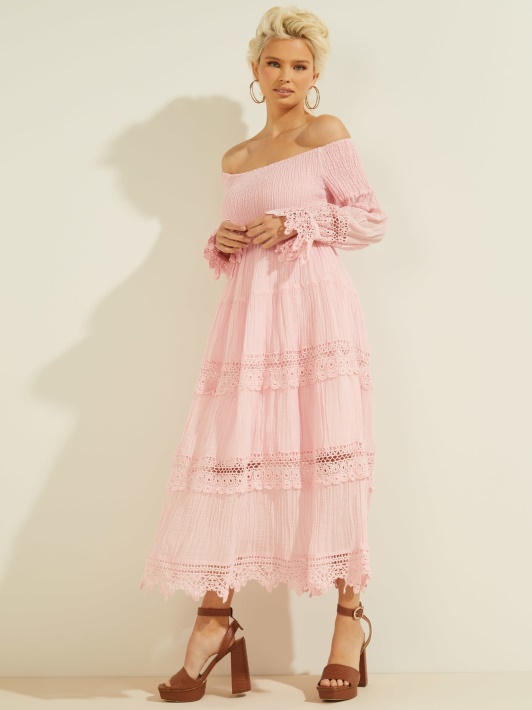 šviesiai Rožinė Guess Makramė Suknelė Be Pečių