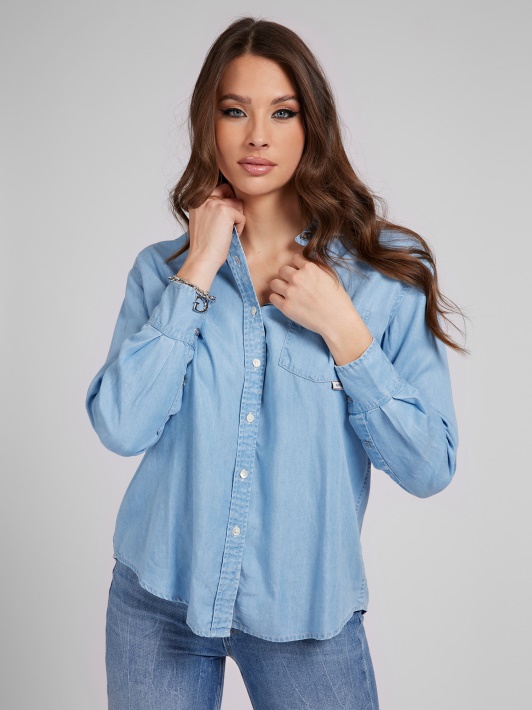 Atspėti Mėlyni Oversize Fit Džinsiniai Marškiniai