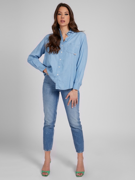 Atspėti Mėlyni Oversize Fit Džinsiniai Marškiniai