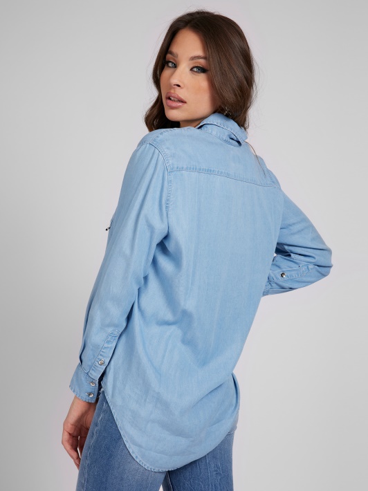 Atspėti Mėlyni Oversize Fit Džinsiniai Marškiniai