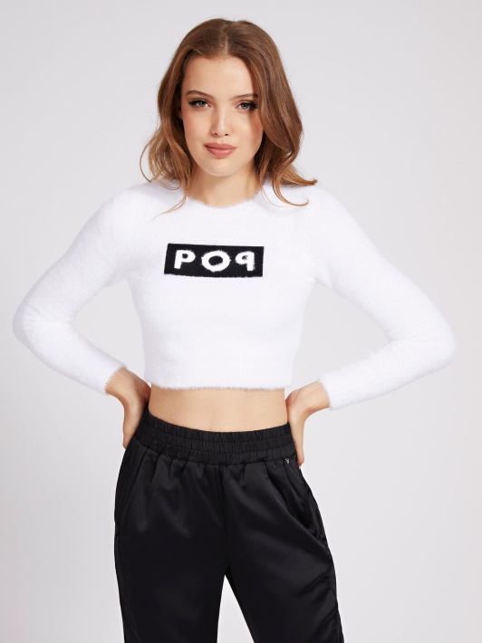 Baltas Apvalus Kaklo Crop Fit Megztinis Spėjimas