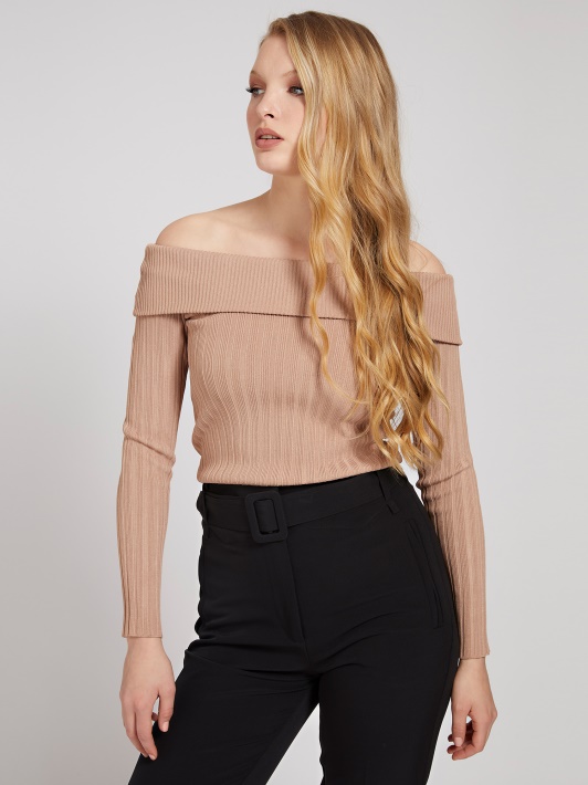 Atspėti Off-shoulder Megztinis Smėlio Spalvos