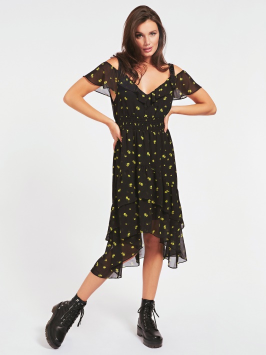 Atspėti Smocked Flounce Suknelė Juoda Multi