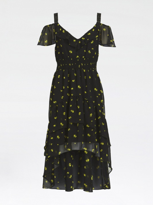 Atspėti Smocked Flounce Suknelė Juoda Multi