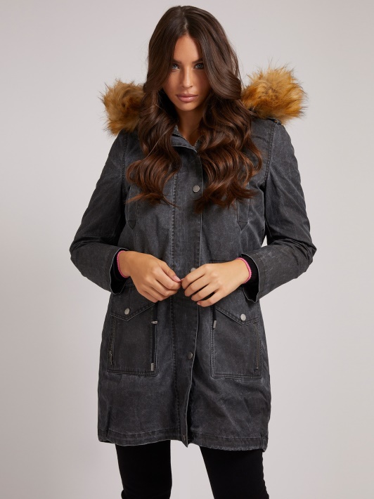 Parkas Su Dirbtinio Kailio Gobtuvu Guess Juodas