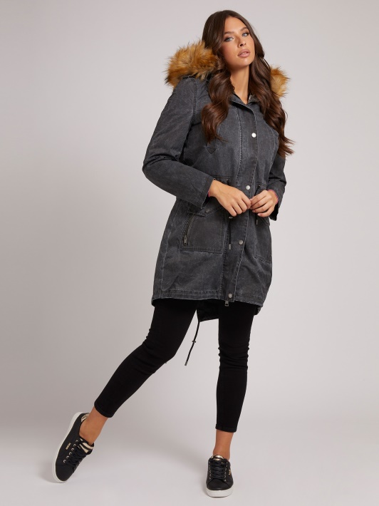 Parkas Su Dirbtinio Kailio Gobtuvu Guess Juodas