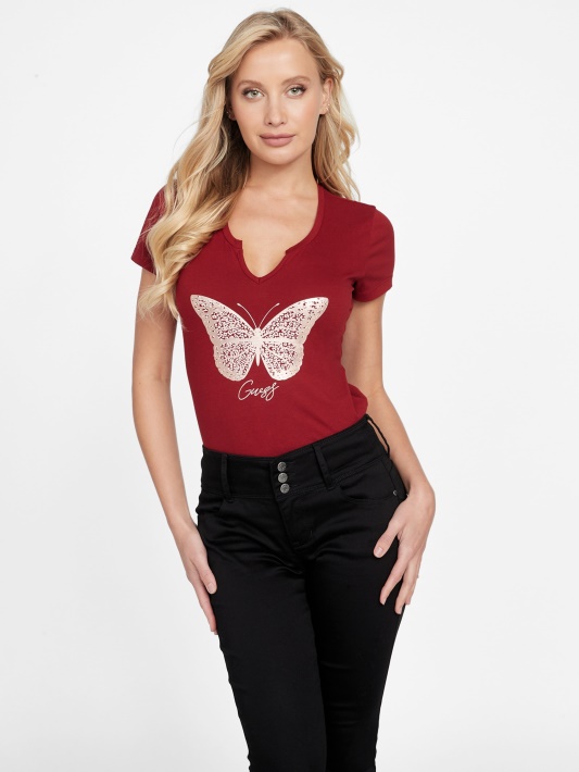 Eco Cera Butterfly Tee Guess Burokėlių Sultys Raudonos