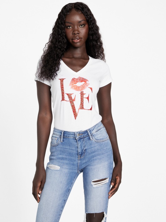 Atspėti Eco Cece Love V-neck Marškinėliai Grynai Balta