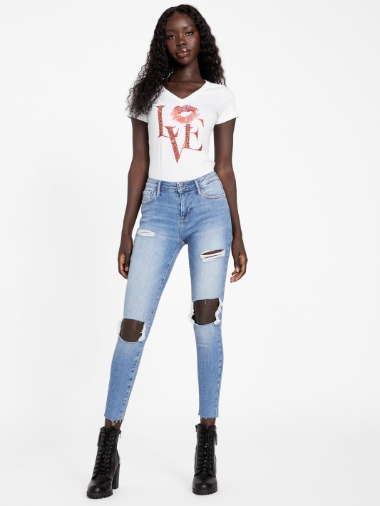 Atspėti Eco Cece Love V-neck Marškinėliai Grynai Balta