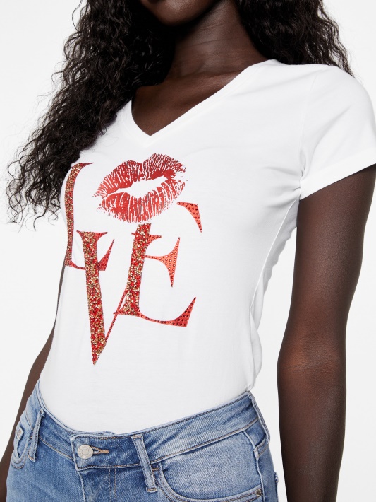 Atspėti Eco Cece Love V-neck Marškinėliai Grynai Balta
