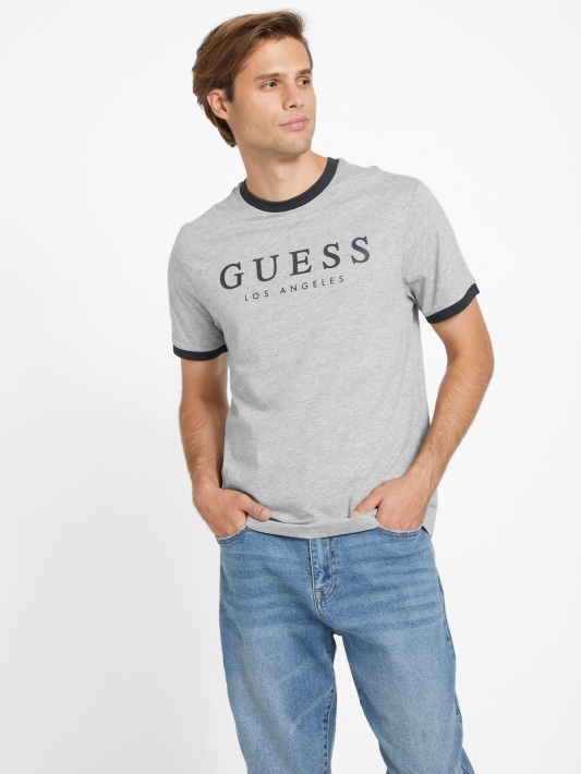 Guess Kirk Logotipas Crewneck Marškinėliai šviesiai Melanžinės Pilkos Spalvos