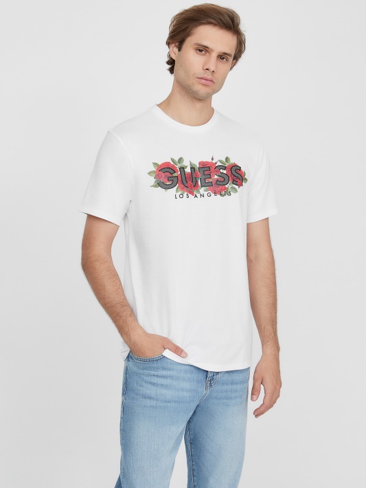 Grynai Baltas Guess Eco Tolk Roses Logotipo Marškinėliai