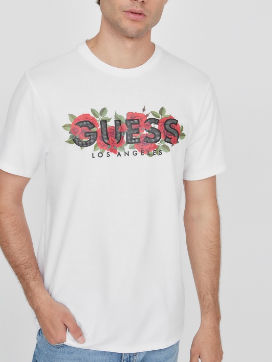 Grynai Baltas Guess Eco Tolk Roses Logotipo Marškinėliai
