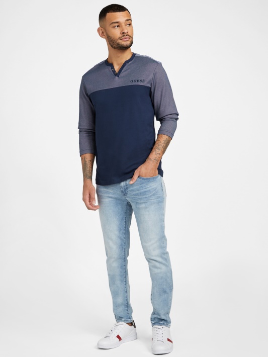 Harman V-neck Ilgomis Rankovėmis Marškinėliai šilko Mėlyna Spėjimas
