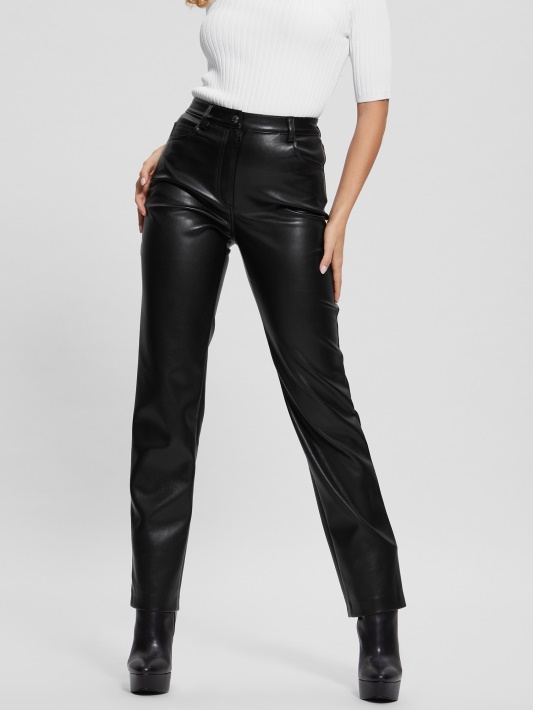 Jet Black Guess Kelly Dirbtinės Odos Tiesios Kelnės