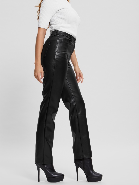 Jet Black Guess Kelly Dirbtinės Odos Tiesios Kelnės