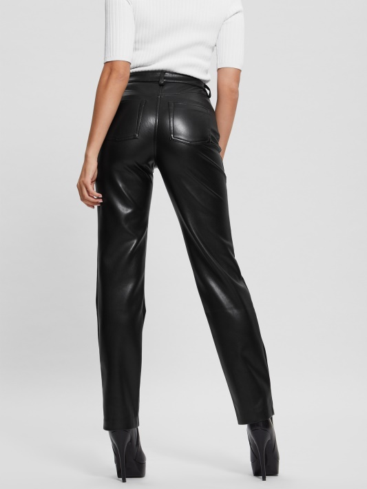 Jet Black Guess Kelly Dirbtinės Odos Tiesios Kelnės