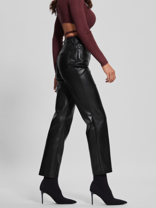 Jet Black Guess Kelly Dirbtinės Odos Tiesios Kelnės