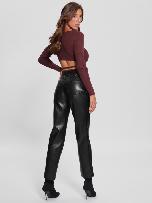 Jet Black Guess Kelly Dirbtinės Odos Tiesios Kelnės