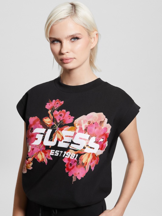 Corine Floral Logotipas Apkarpytas Marškinėliai Atspėti Juodas