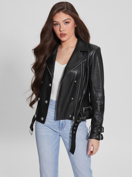 Spėk Olivia Dirbtinės Odos Moto Striukė Jet Black Multi