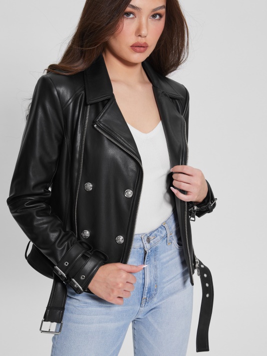 Spėk Olivia Dirbtinės Odos Moto Striukė Jet Black Multi