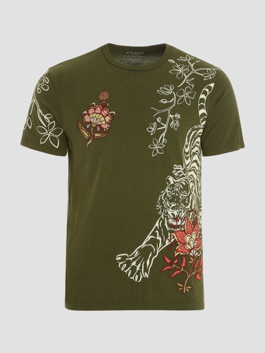 Peyote Green Multi Tiger Gėlėmis Siuvinėtas Marškinėliai Spėjimas